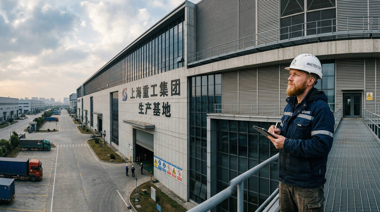 Специалист компании на фоне крупного производственного кластера в Китае, оценка масштабов и технологичности предприятия для выбора надежного поставщика