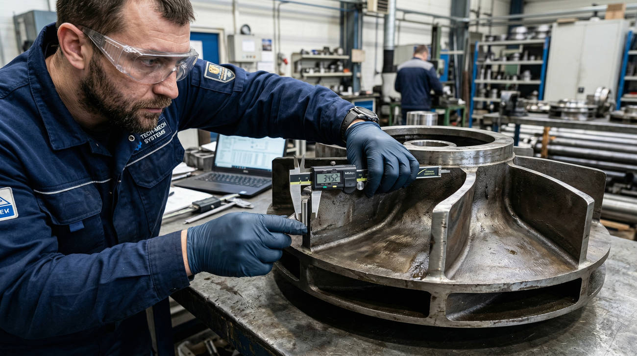 Инженер-аудитор изучает структуру литья рабочего колеса насоса в лаборатории, проверка химического состава металла для обеспечения долговечности агрегата