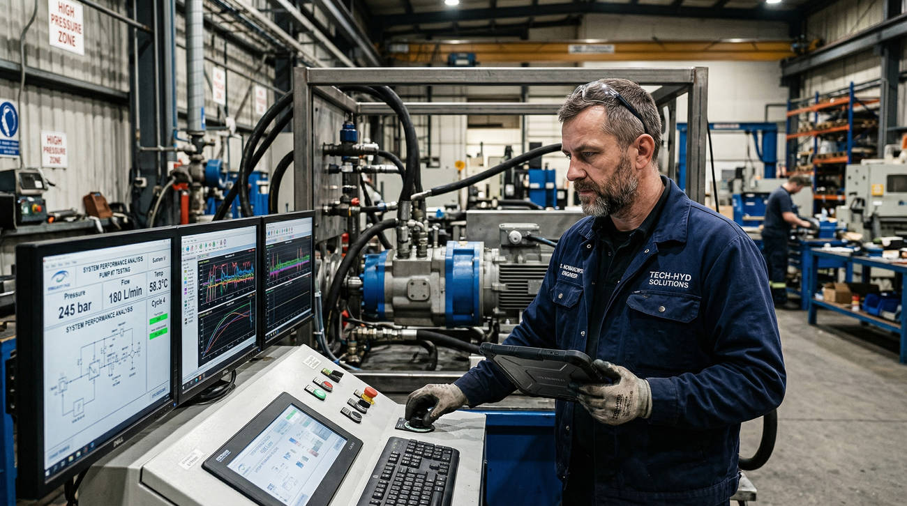 Технический специалист за пультом цифрового испытательного стенда, верификация реальных характеристик промышленного насоса для исключения производственного брака
