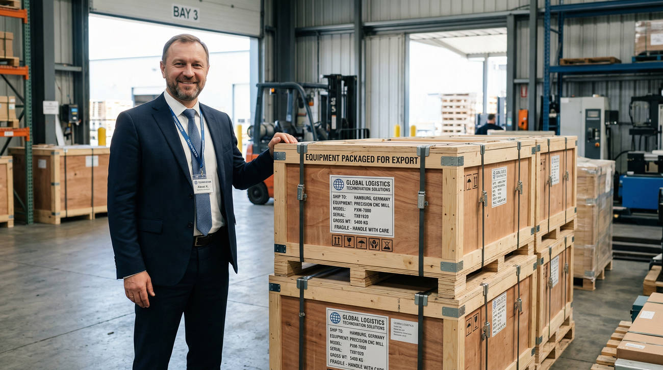 Представитель службы контроля на фоне упакованного оборудования в деревянной таре, проверка качества консервации для безопасной транспортировки техники в Россию