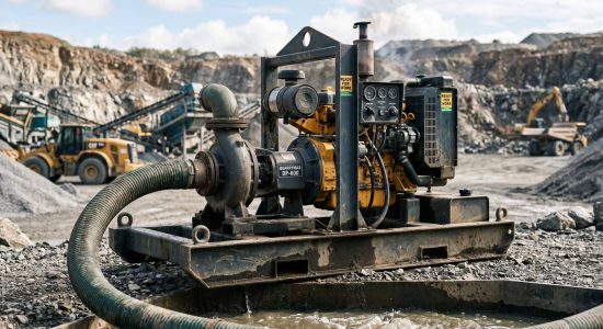 Дизельная мотопомпа на стальной раме в рабочем окружении карьера как пример мобильного и мощного решения для автономного водоотлива