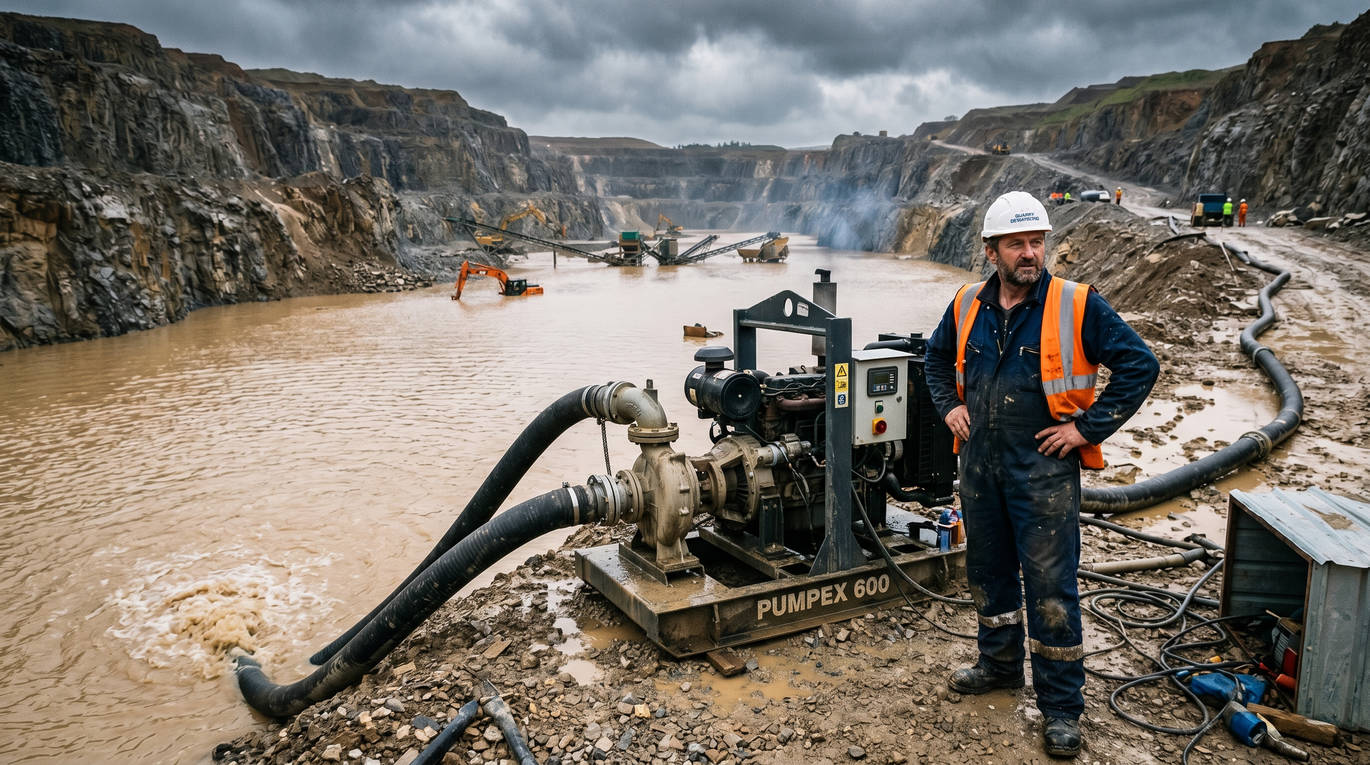 Дизельная мотопомпа на краю обводненного карьера в промышленном исполнении для обеспечения бесперебойного водоотлива на объекте