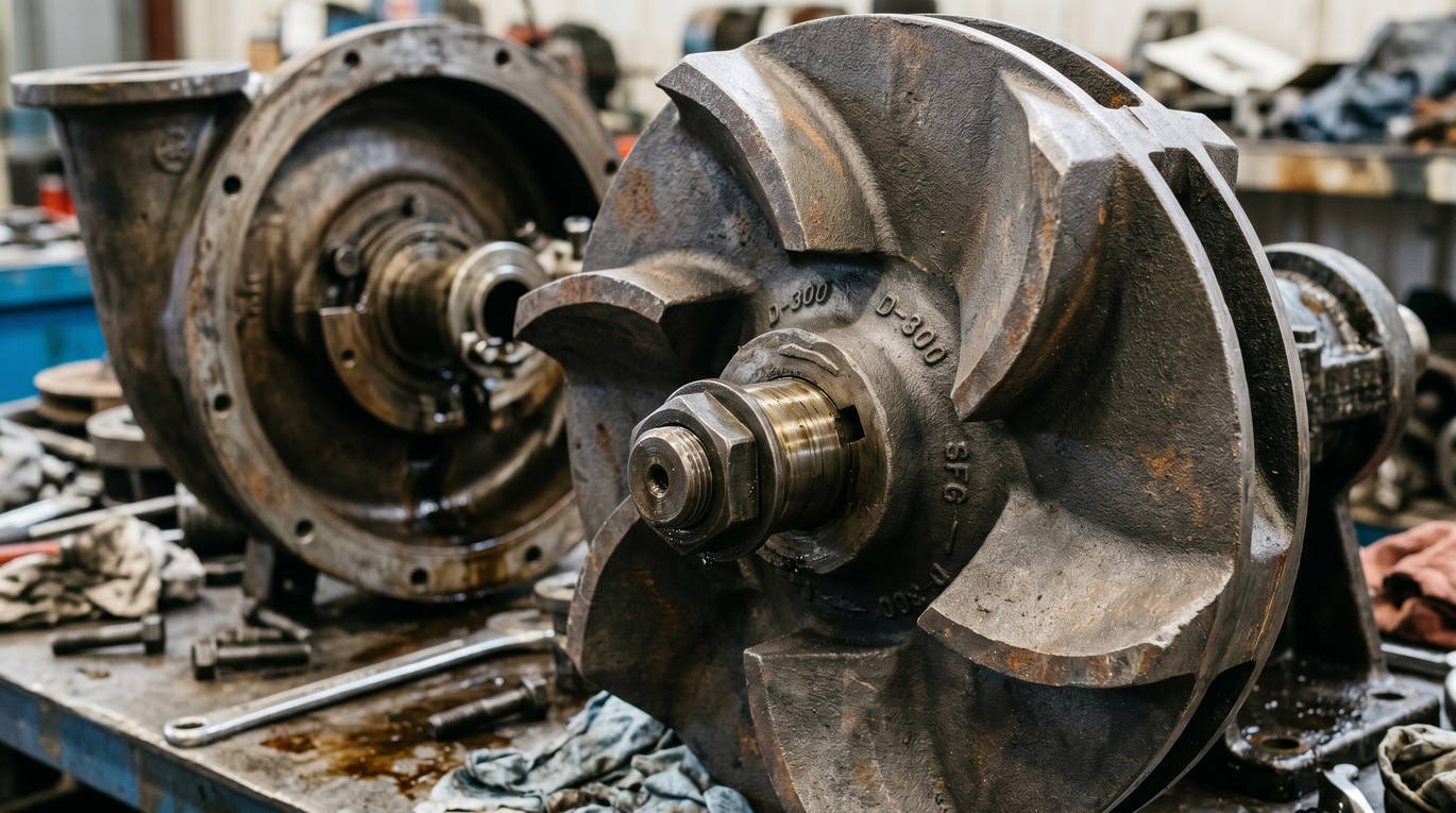 Рабочее колесо из высокохромистого чугуна насосного узла для демонстрации износостойкости при работе с абразивным шламом