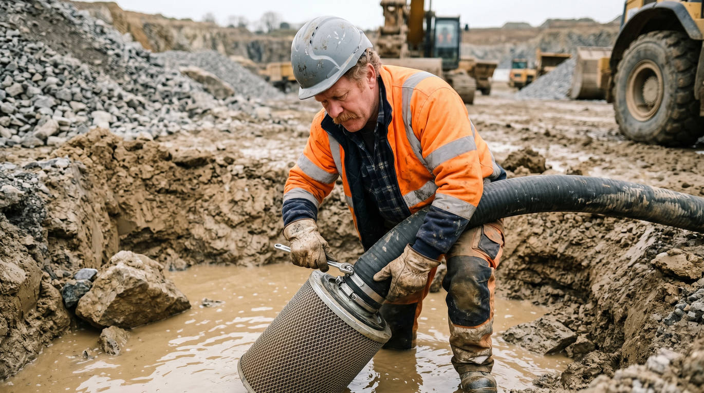 Специалист производит монтаж армированного всасывающего шланга в зумпфе для правильной организации забора заиленной воды