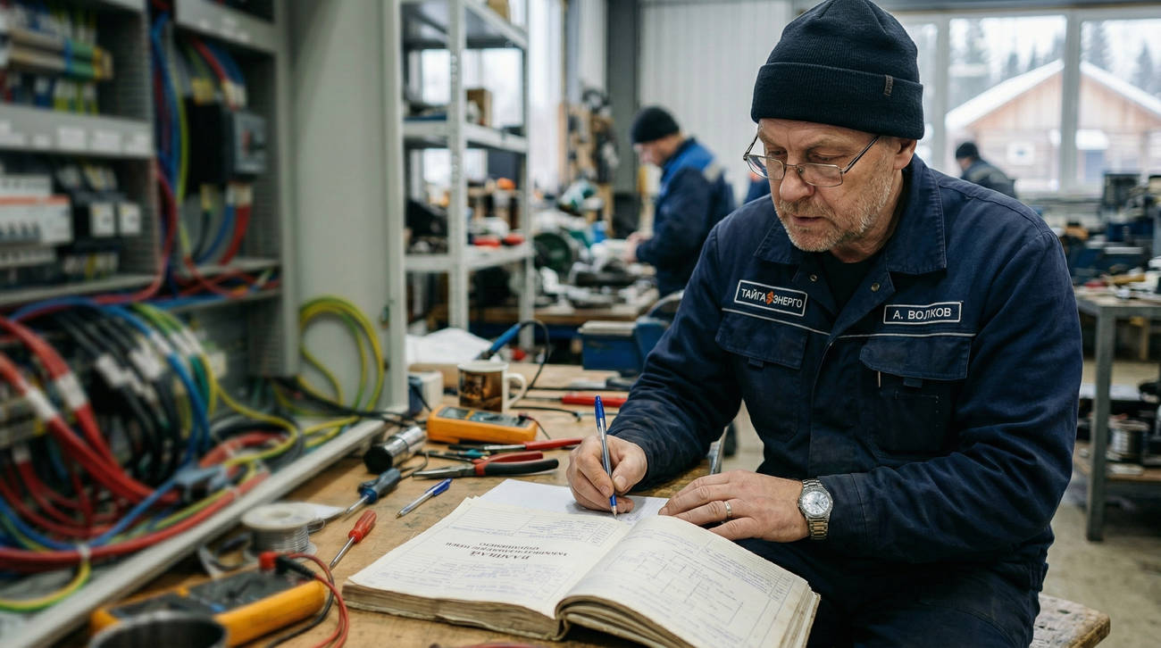 Инженер выполняет расчет пусковых токов и нагрузок в техническом журнале для точного определения требуемой мощности ДГУ