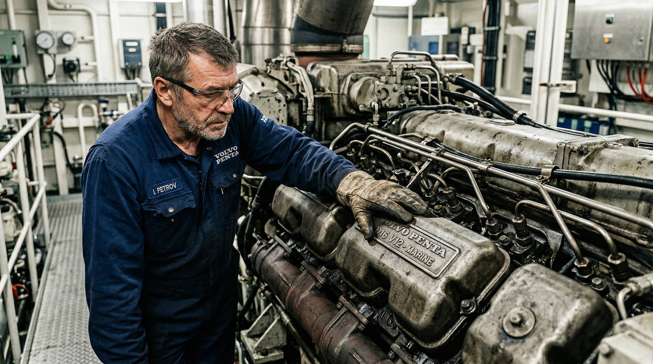 Опытный моторист осматривает узлы промышленного дизельного двигателя в машинном зале подчеркивает важность выбора выносливого силового агрегата для генератора