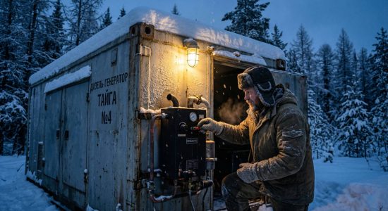 Рабочий проверяет работу автономного предпускового подогревателя на заснеженном блок-контейнере север иллюстрирует подготовку системы к запуску в сильный мороз