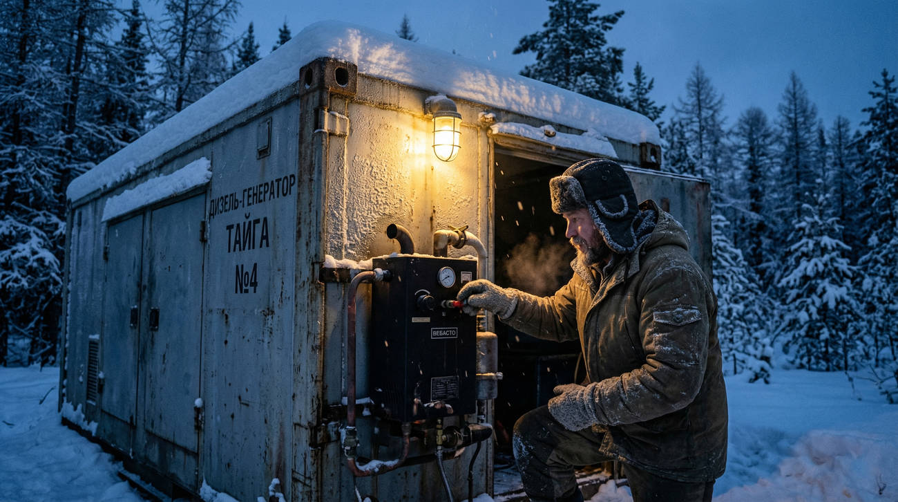 Рабочий проверяет работу автономного предпускового подогревателя на заснеженном блок-контейнере север иллюстрирует подготовку системы к запуску в сильный мороз