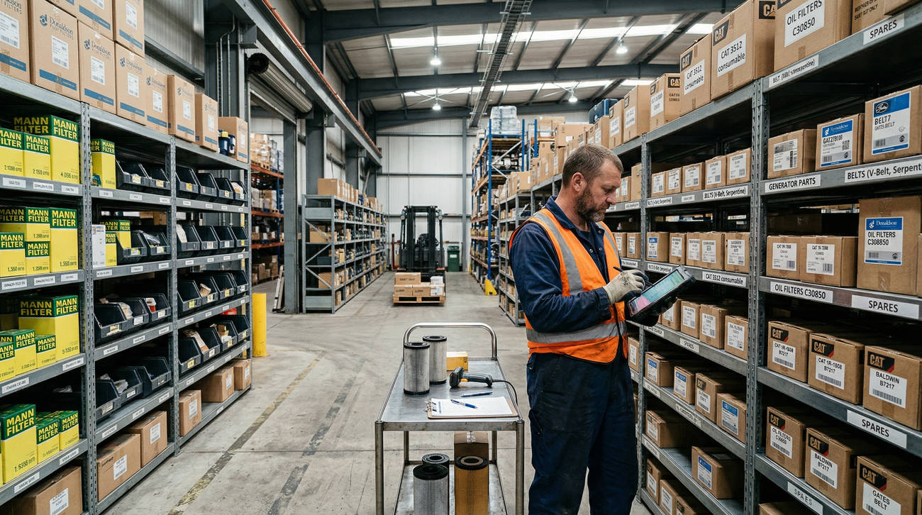  Кладовщик проводит инвентаризацию комплекта зип и фильтров для дизель-генераторной установки на складе обосновывает важность автономного обслуживания удаленных объектов