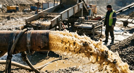 Дизельный насосный агрегат в рабочем окружении полигона как символ надежности оборудования для золотодобычи