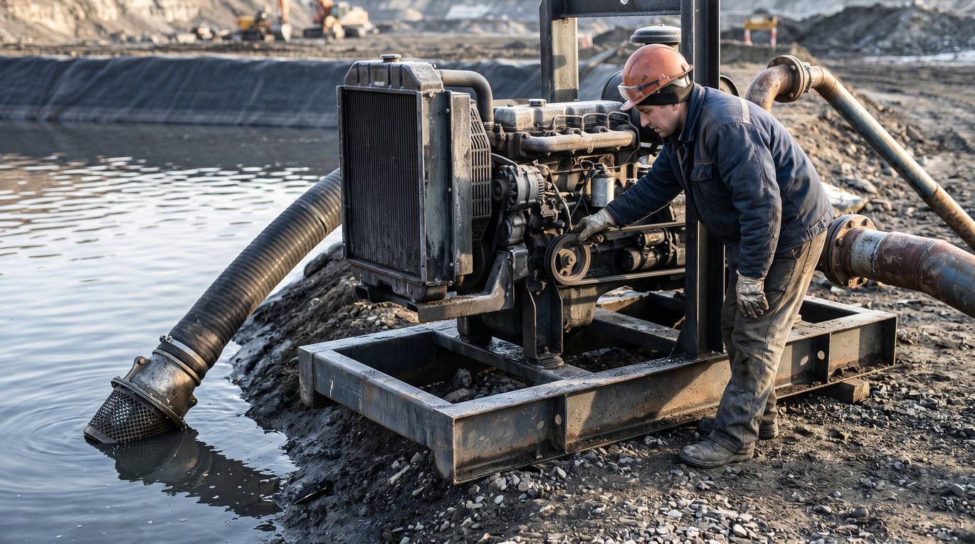 Дизельная насосная установка на стальных салазках на берегу технологического водоема в составе автономного гидромеханизированного комплекса на удаленном месторождении