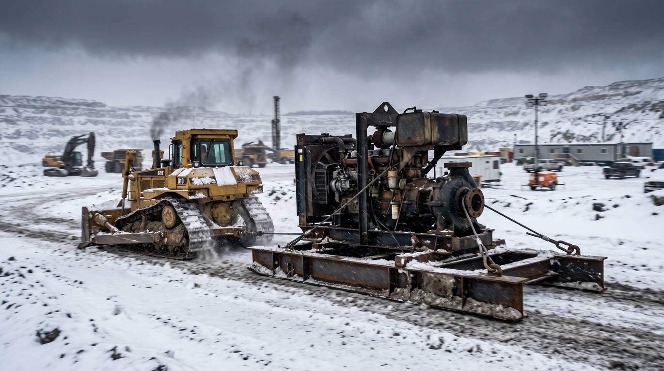 Буксировка дизельной насосной установки на массивных стальных салазках гусеничным тягачом по территории карьера для оперативной передислокации энерго-гидравлического узла
