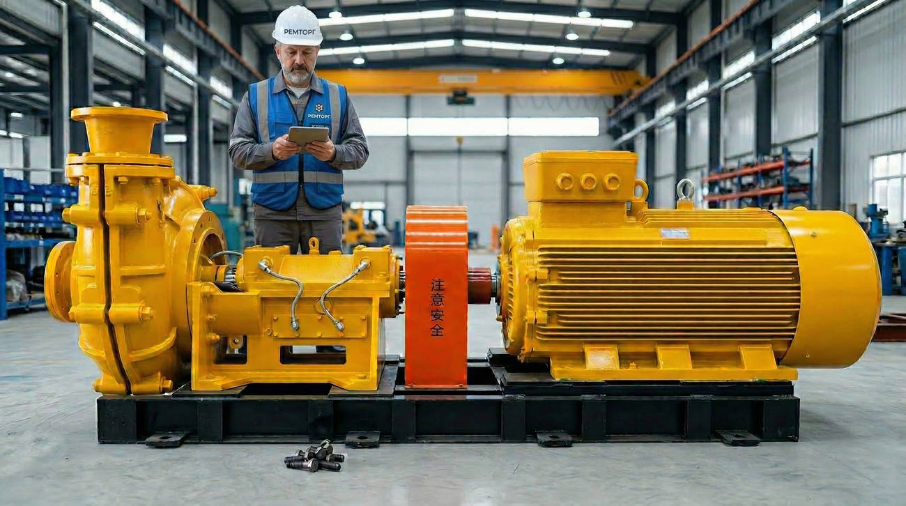 Руководитель компании в защитной экипировке рядом с массивным шламовым насосом серии ZJ на промышленном объекте демонстрирует экспертный подход к выбору надежного оборудования для добычи
