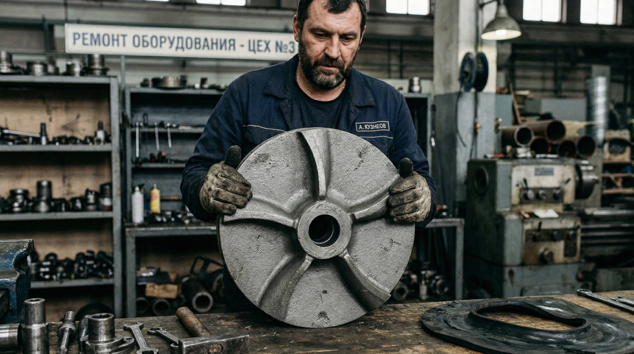 Специалист осматривает чугунное рабочее колесо с пятью лопастями и резиновые вкладыши корпуса в процессе разбора конструкции показывает важность качества износостойких материалов проточной части