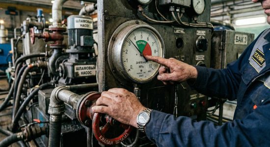 Оператор контролирует показания аналогового манометра и положение вентиля в момент первого пуска и настройки системы промывки вала подчеркивает значимость мониторинга давления для исключения поломок