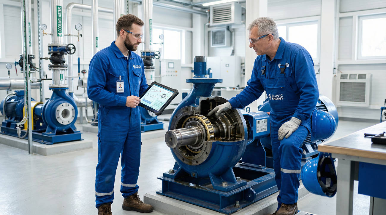 Инженеры проводят визуальный осмотр подшипникового узла и проверку центровки вала в ходе планового технического обслуживания по системе ППР обосновывает преимущество профессиональной диагностики для бизнеса