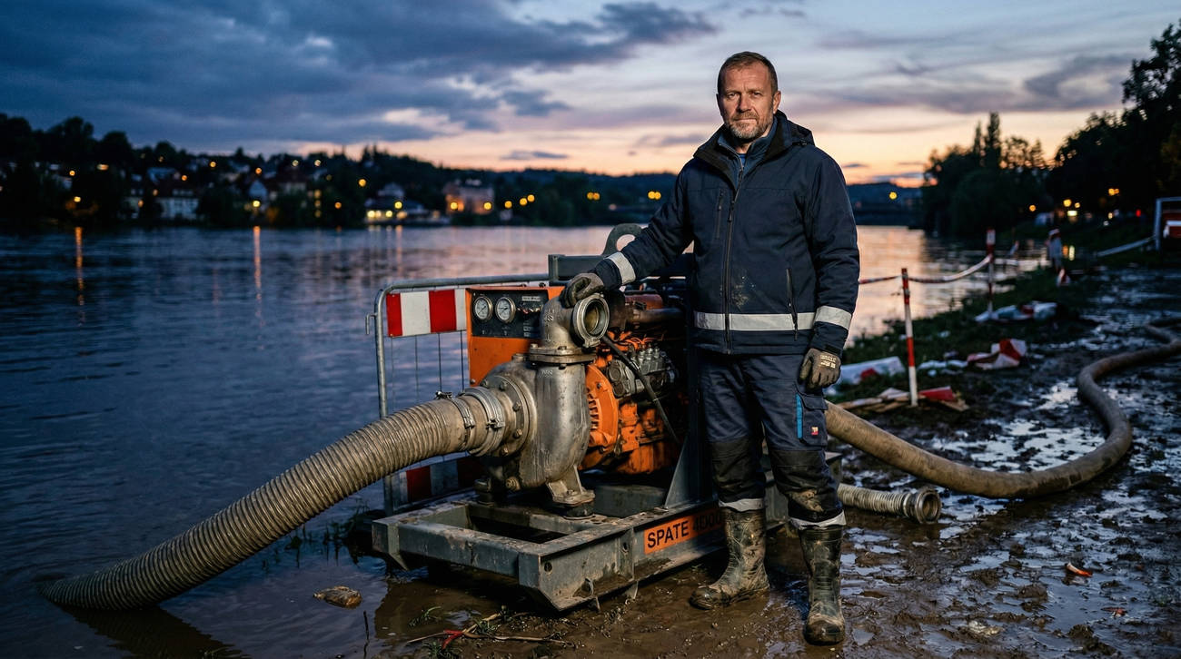 Руководитель рядом с мощной грязевой мотопомпой на фоне паводка на берегу реки для демонстрации готовности промышленного оборудования к ликвидации чрезвычайных ситуаций