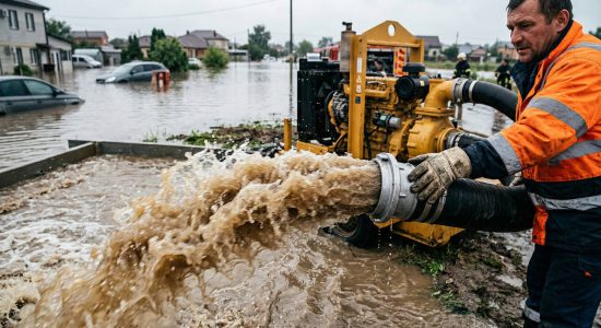 Мощный поток мутной воды, вырывающейся из шланга крупной промышленной мотопомпы, в действии во время ликвидации паводка, символизирующая высокую производительность в условиях чрезвычайных ситуаций.