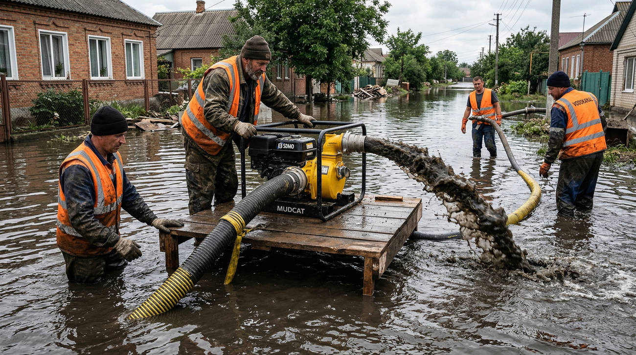 Работа коммунальщиков в затопленной зоне с бензиновой грязевой мотопомпой в условиях сильного загрязнения воды для иллюстрации практического применения насосов при откачке стоков с примесями
