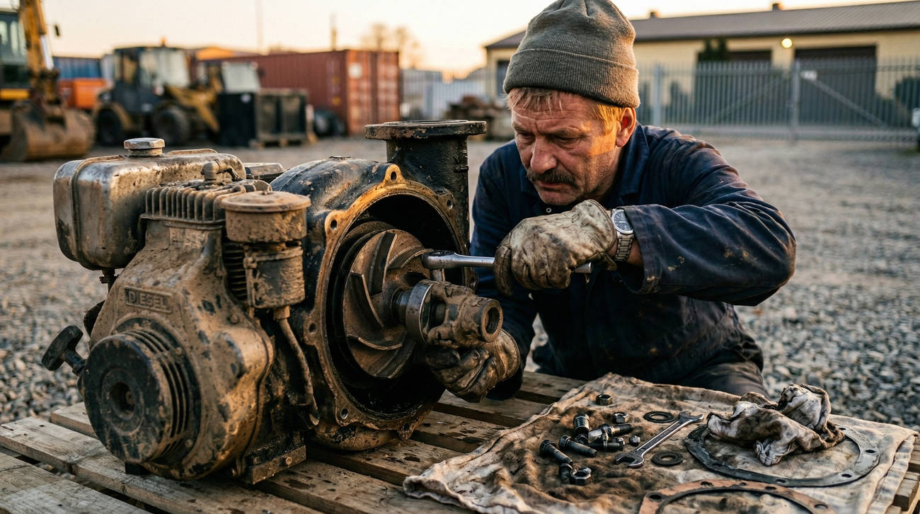 Механик проводит осмотр рабочего колеса насоса через ревизионный люк в процессе технического обслуживания после завершения работ для подчеркивания важности сервиса и очистки оборудования