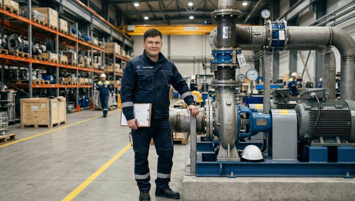 Инженер в фирменной спецодежде на фоне промышленного склада с центробежным агрегатом, комплексная подготовка насосного оборудования к работе специалистом компании для обеспечения надежности поставок.