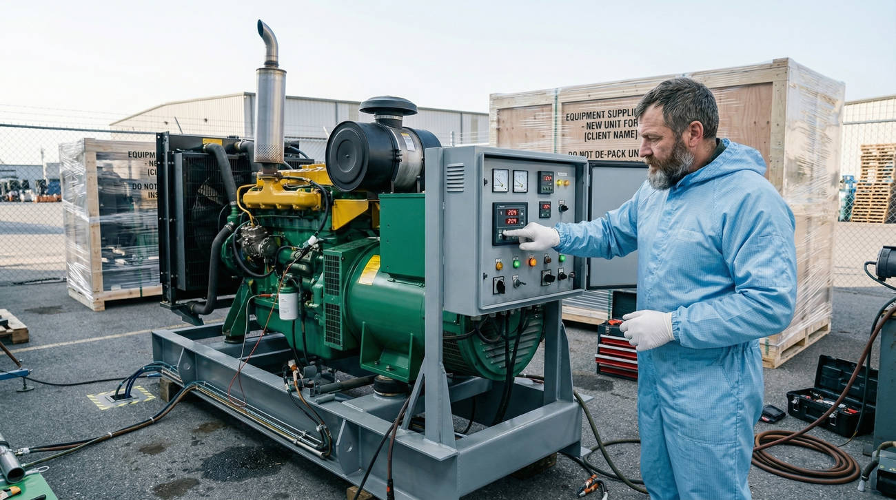 Проверка дизельной электростанции инженером сервисной службы, имитация рабочих нагрузок ДЭС для подтверждения стабильности выходных параметров в экстремальных климатических условиях.