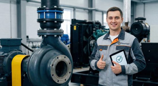 Улыбающийся инженер в спецодежде Ремторг с планшетом и жестом одобрения на фоне промышленного агрегата, визуальное подтверждения экспертной подготовки насосного оборудования к работе.