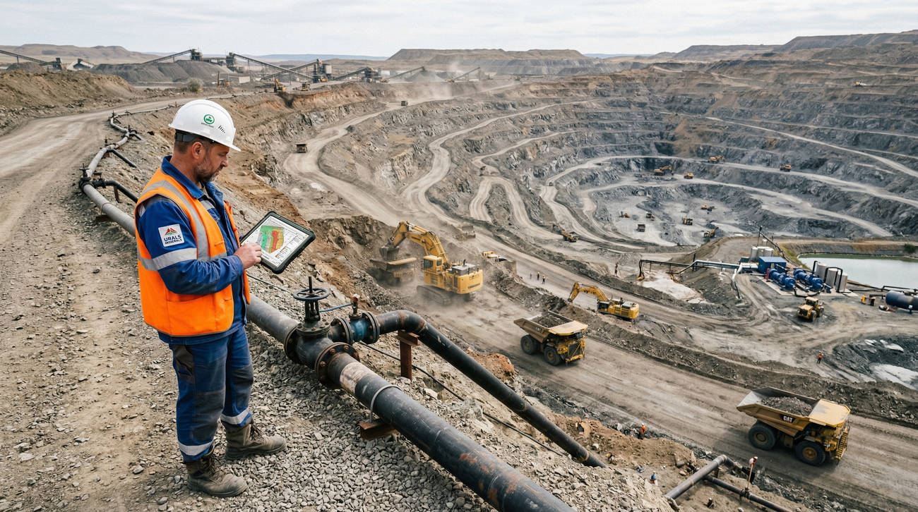 Горный инженер на фоне панорамы карьера и магистральных трубопроводов, визуализация профессионального подхода к управлению водными ресурсами горного предприятия