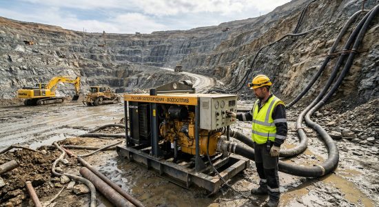 Дизельная насосная станция на прииске в процессе осушения затопленного котлована под контролем инженера, ключевой этап подготовки участка к эффективной добыче золота