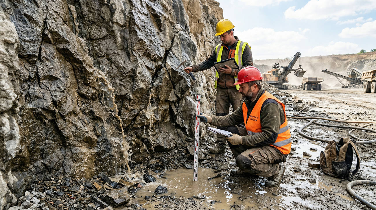 Геологи измеряют дебит подземных вод на скальном уступе, ключевой процесс гидрогеологического обоснования для точного расчета системы водоотлива
