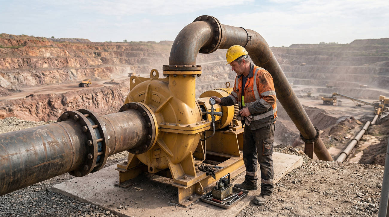 Мощный шламовый насос для карьера в процессе сервисного обслуживания специалистом, демонстрация выбора износостойкого оборудования для тяжелых условий эксплуатации