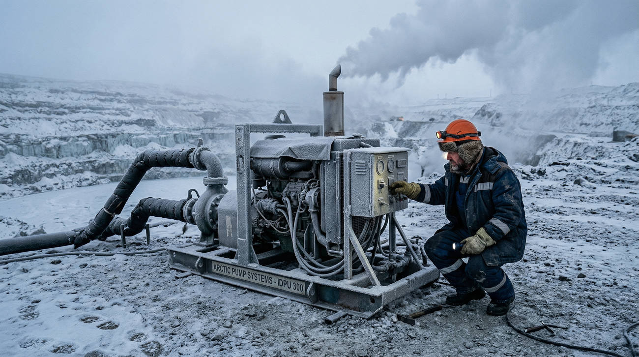 Автономная дизельная насосная установка с термоизоляцией на заснеженном разрезе под наблюдением механика славянской внешности, пример надежной работы системы осушения в арктическом климате